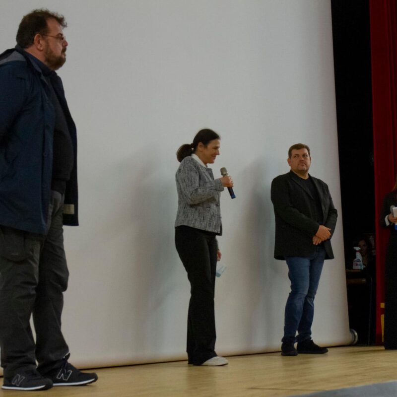 Luigi Crespi (autore), Natascia Turato (autrice) e Ambrogio Crespi (regista) durante la presentazione del docufilm "A Viso Aperto"
